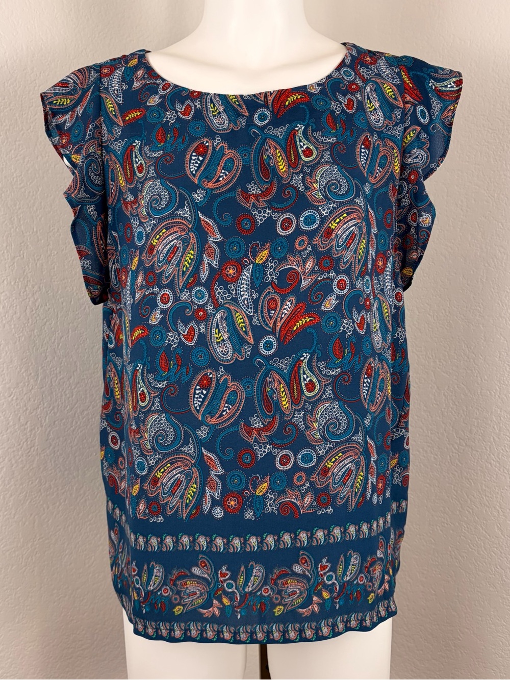 Loft Blue Paisley Flutter Sleeve Cut Out Top